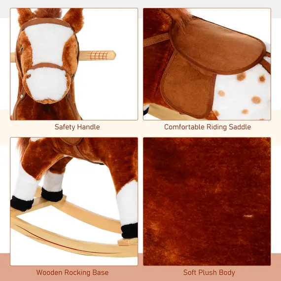 Buy Baby Rocking Horse Plush Ride on Animals Rocker with Sound Handle Grip for kids 3-6 years - Brown, 5 image