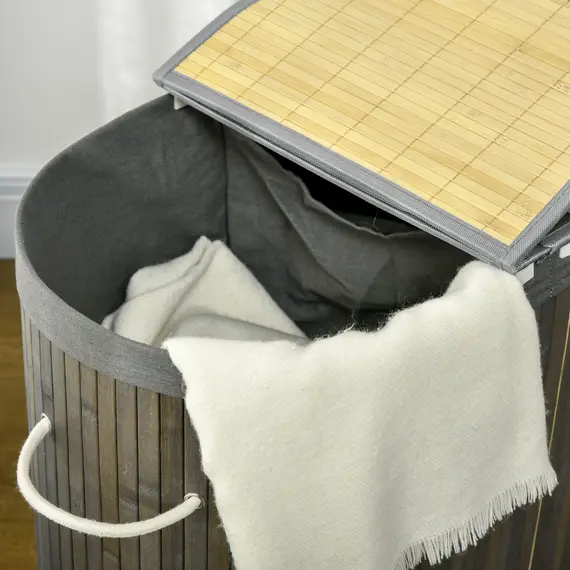 Buy Bamboo Laundry Basket with Lid, 100 Litres Laundry Hamper with 2 Sections, Removable Washable Lining, Washing Baskets, 62.5 x 37 x 60.5cm, Grey, 9 image