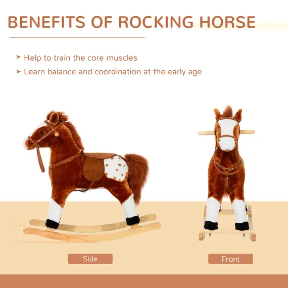 Buy Baby Rocking Horse Plush Ride on Animals Rocker with Sound Handle Grip for kids 3-6 years - Brown, 7 image
