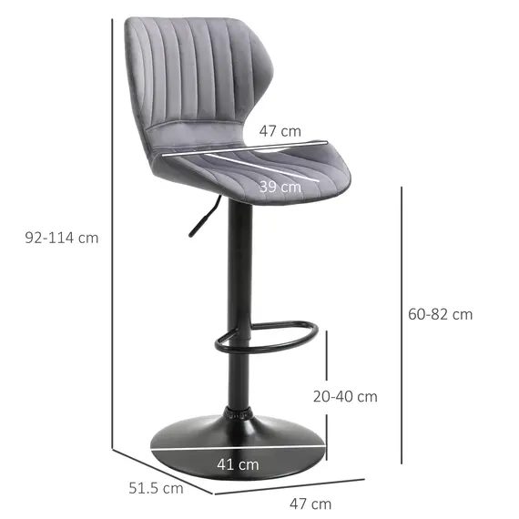 Buy Bar Stool Set of 2 Velvet-Touch Fabric Adjustable Height Swivel Counter Chairs with Footrest, Grey, 3 image