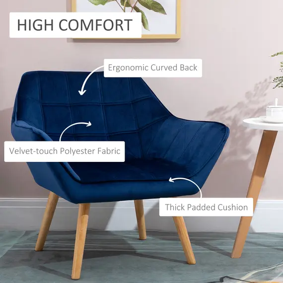 Buy Armchair Accent Chair Wide Arms Slanted Back Padding Steel Frame Wooden Legs Home Bedroom Furniture Seating Blue, 4 image