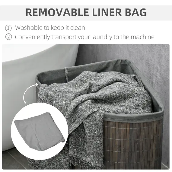 Buy Bamboo Laundry Basket with Lid, 55 Litres Laundry Hamper with Removable Washable Lining,  Corner Washing Baskets, 38 x 38 x 57cm, Grey, 5 image