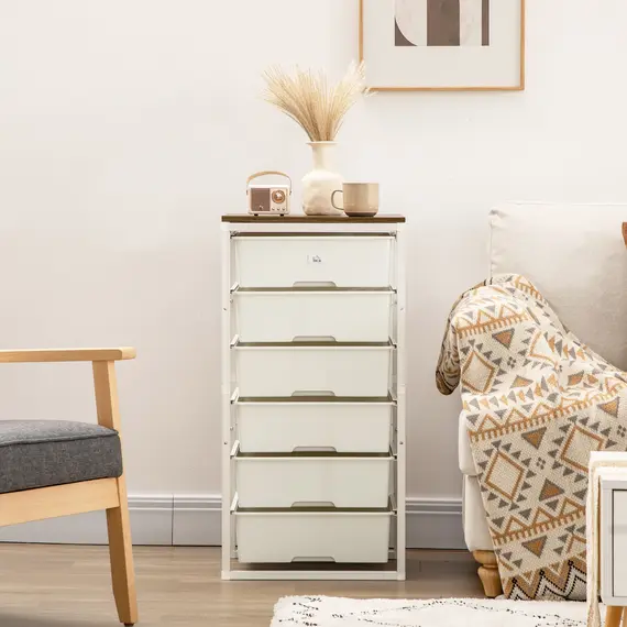 Buy Bedroom Chest of Drawers, 6-Drawer Dresser, Tall Storage Drawer Unit with Steel Frame for Living Room, White, 7 image