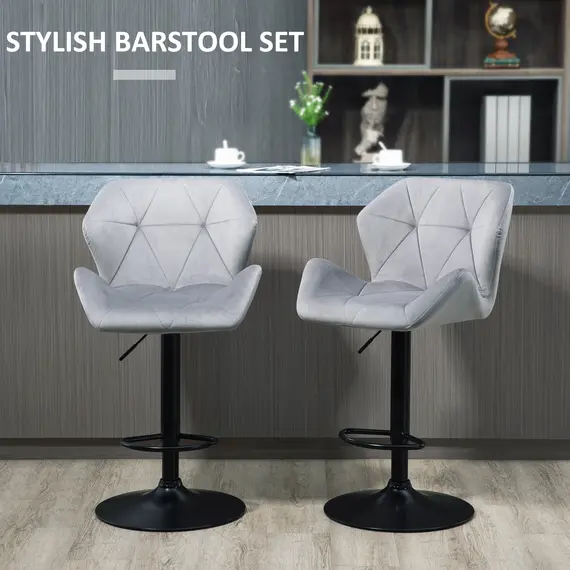 Buy Bar Stools Set Of 2, Luxurious Velvet-Touch Barstools with Metal Frame Footrest Round Base Triangle Indenting Moulded Seat Adjustable Height Swivel Grey, 4 image