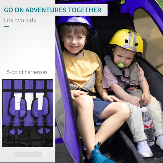 Buy Baby Bike Trailer, Child Bicycle Trailer with 5 Point Harness, Steel Frame, Reflectors, Safety Flag, Hitch Coupler, Purple, 5 image