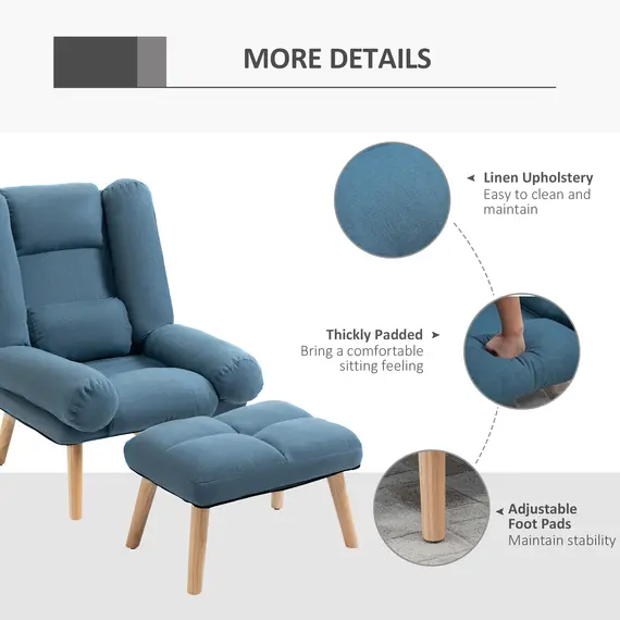 Buy Armchair with Footstool, 180° Recliner with Ottoman, Accent Chair and Footstool with 3-Position Adjustable Backrest and Wooden Legs for Living Room, Blue, 7 image