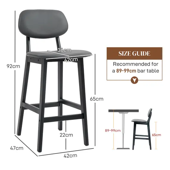 Buy Bar Stools Set of 2, Contemporary Breakfast Bar Chairs, Faux Leather Upholstered Kitchen Stools with Backs and  Solid Wood Legs, Dark Grey, 3 image