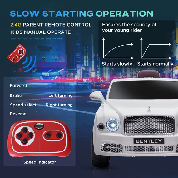 Buy Bentley Mulsanne Licensed Kids Electric Ride-On Car, with Remote Control. LED lights, Music - White, Colour: White, 6 image