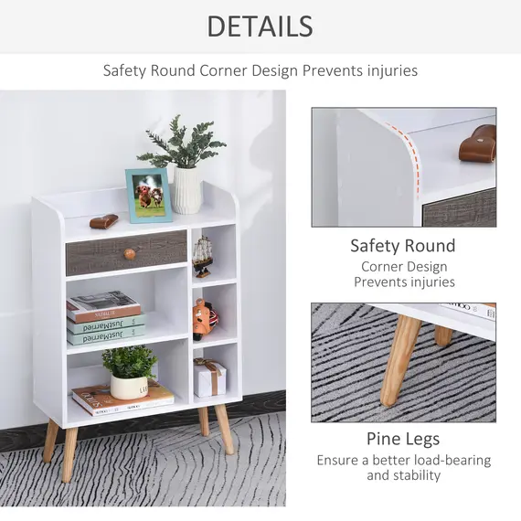 Buy Bookcase, Freestanding Book Shelf with Storage Drawer, 6 Shelves and Wood Legs for Home Office Display, White and Grey, 24D x 60W x 86.8H cm, 4 image