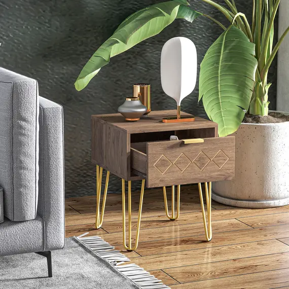 Buy Bedside Table with Drawer, Wooden Nightstand, Modern Sofa Side Table with Gold Tone Metal Legs for Bedroom, 8 image
