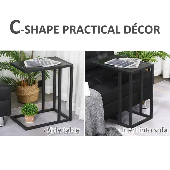 Buy C Shape Bedside Table w/Metal Frame Marble-Effect Top Sofa Narrow Snack End Table for Living Room, Black, 4 image