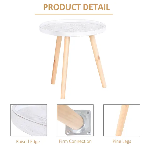 Buy Coffee Table, Carved Floral Round Table with Tray-style Top and Wood Legs, Modern Side Table for Living Room, Set of 2, White, 6 image