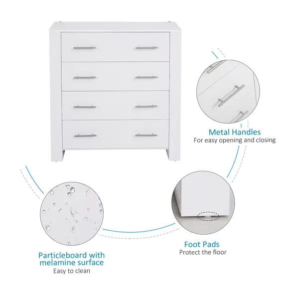 Buy Chest Of 4 Drawers Storage Cabinet Bedroom Clothes w/Metal Handles Base Freestanding Unit Furnishing Living Room White, 6 image