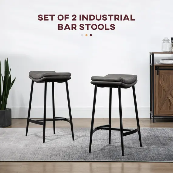 Buy Breakfast Bar Stools Set of 2, Microfibre Upholstered Barstools, Industrial Bar Chairs with Curved Seat and Steel Frame for Dining Room, Kitchen, Grey, 4 image