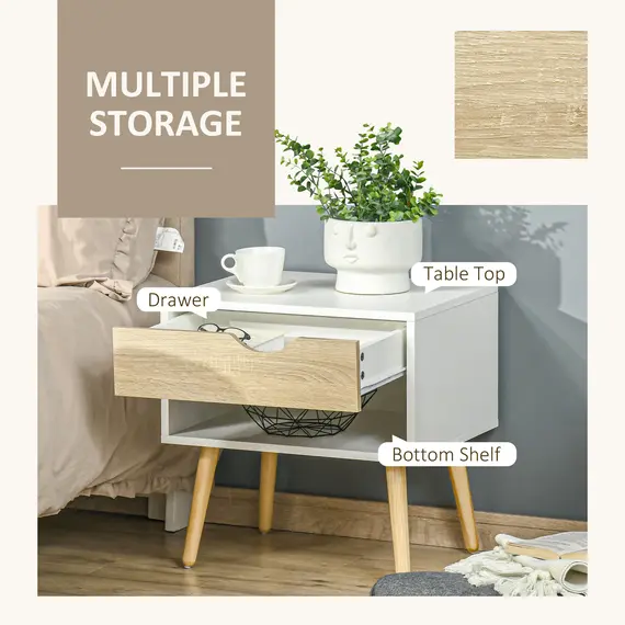 Buy Bedside Table with Drawer and Shelf, Modern Nightstand, End Table for Bedroom, Living Room, Set of 2, 6 image