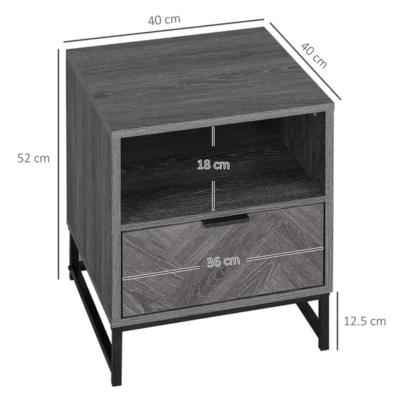 Buy Bedside Table with Drawer and Shelf, Side End Table with Steel Legs for Living Room, Bedroom, Set of 2, Dark Grey, 3 image