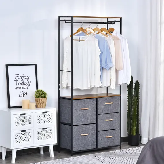 Buy Chest of Drawers with Coat rack Steel Frame 5 Drawers  Bedroom Hallway Home Furniture Black Brown, 2 image