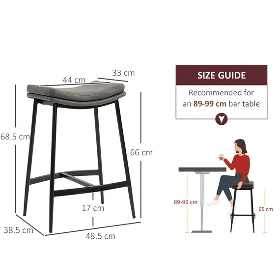 Buy Breakfast Bar Stools Set of 2, Microfibre Upholstered Barstools, Industrial Bar Chairs with Curved Seat and Steel Frame for Dining Room, Kitchen, Grey, 3 image