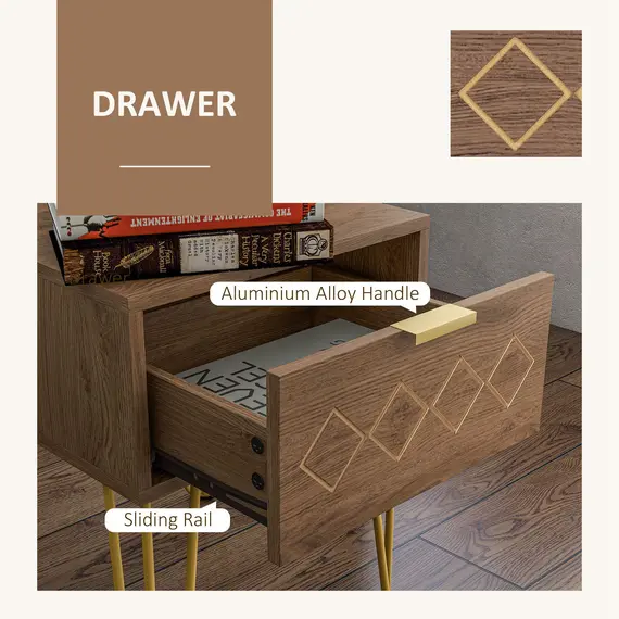 Buy Bedside Table with Drawer, Wooden Nightstand, Modern Sofa Side Table with Gold Tone Metal Legs for Bedroom, 5 image