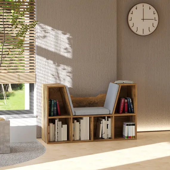 Buy Bookcase Storage Shelf with Cushioned Reading Seat, Cube Bookshelf Organizer for Bedroom Living Room, Rustic Brown, 2 image