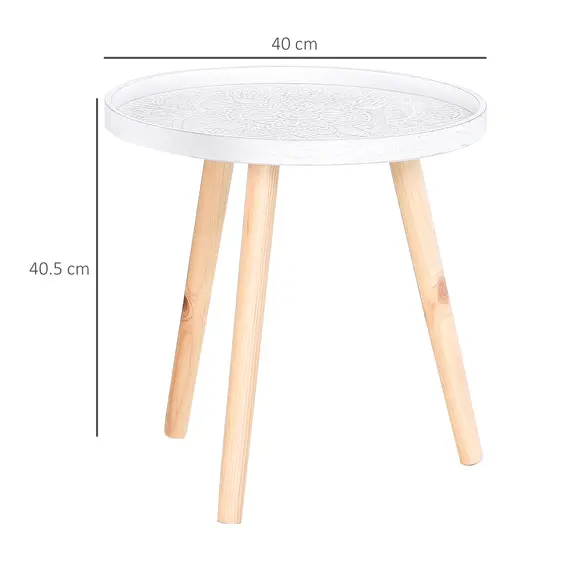 Buy Coffee Table, Carved Floral Round Table with Tray-style Top and Wood Legs, Modern Side Table for Living Room, Set of 2, White, 3 image