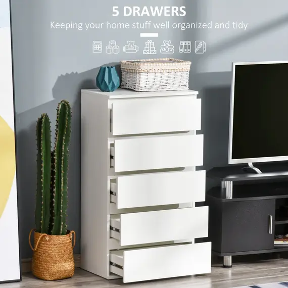 Buy Chest of Drawers, 5 Drawers Storage Cabinet Floor Tower Cupboard for Bedroom Living Room, White, 6 image