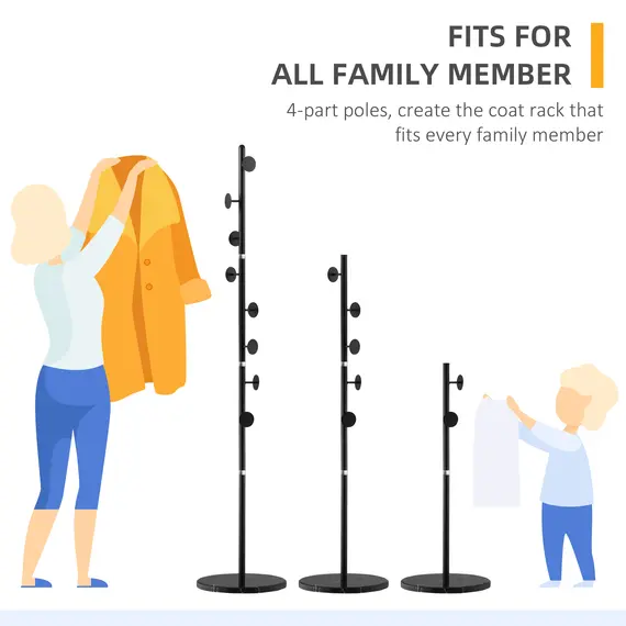 Buy Coat Rack Free Standing Hall Tree with 8 Round Disc Hooks for Clothes, Hats,Purses, Steel Entryway Coat Stand with Marble Base for Entryway, Living Room, Bedroom, Black, 7 image