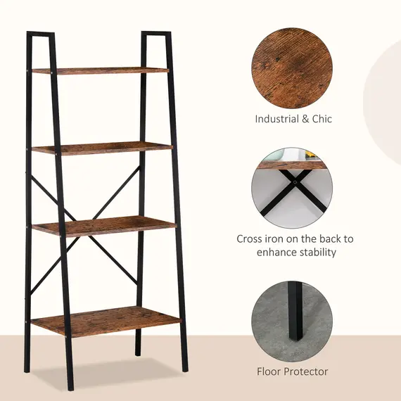 Buy Bookcase 4-Tier Vintage Ladder Shelf with Wood Storage Rack, Stand Plants Display, Black and Brown, 5 image