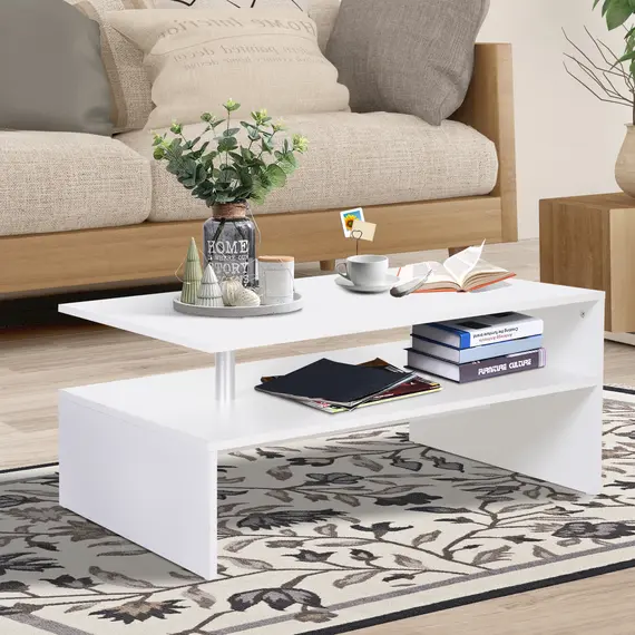 Buy Coffee Table with Storage, 2-Tier Centre Table, Modern Living Room Table with Open Shelf and Aluminium Poles, White, 2 image