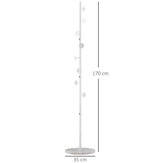 Buy Coat Rack Free Standing Hall Tree with 8 Round Disc Hooks for Clothes, Hats,Purses, Steel Entryway Coat Stand with Marble Base for Entryway, Living Room, Bedroom, White, 3 image