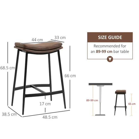 Buy Breakfast Bar Stools Set of 2, Microfibre Upholstered Barstools, Industrial Bar Chairs with Curved Seat and Steel Frame for Dining Room, Kitchen, Brown, 3 image