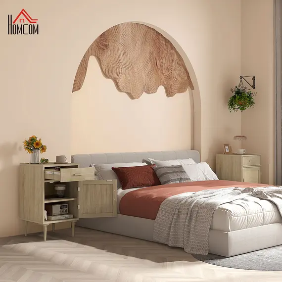 Buy Bedside Table, Rattan Side Tables with Drawer, Cabinet and Adjustable Shelf, Boho Bedside Cabinet with Storage for Bedroom, Living Room, Natural Wood Effect, 2 image