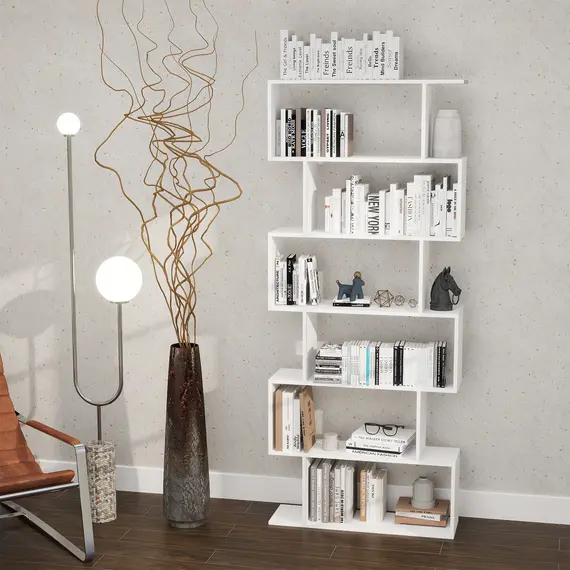 Buy Bookcase, 6 Tier Shelf S Shaped Bookshelf, Storage Unit, Display Shelf for Living Room, Bedroom, Home Office, Plant, White, 2 image
