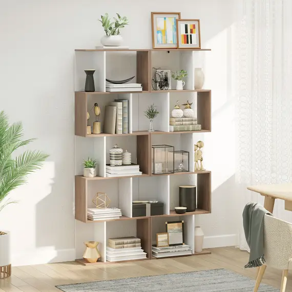 Buy Bookcase, S-Shaped Wooden Bookshelf, 5/6 Tiers Freestanding Storage Shelf, Home Office Decorative Display Stand Rack, Oak and White, 24D x 60W x 184.5H, 4 image