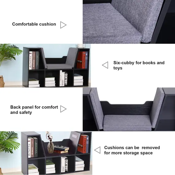 Buy Bookcase Storage Shelf with Cushioned Reading Seat, Cube Bookshelf Organizer for Bedroom Living Room, Black, 4 image
