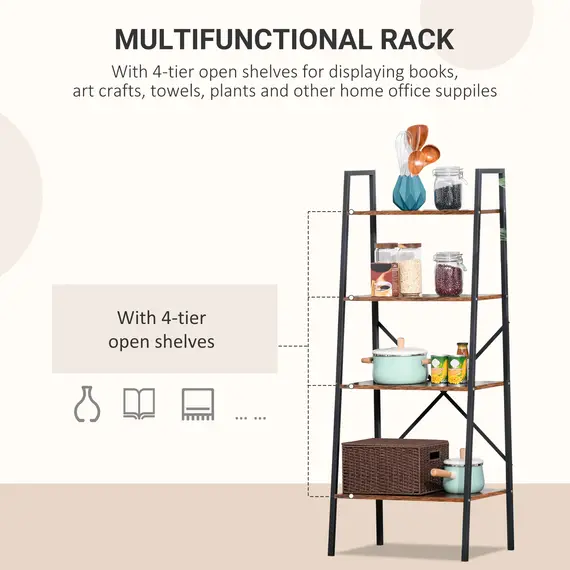 Buy Bookcase 4-Tier Vintage Ladder Shelf with Wood Storage Rack, Stand Plants Display, Black and Brown, 4 image