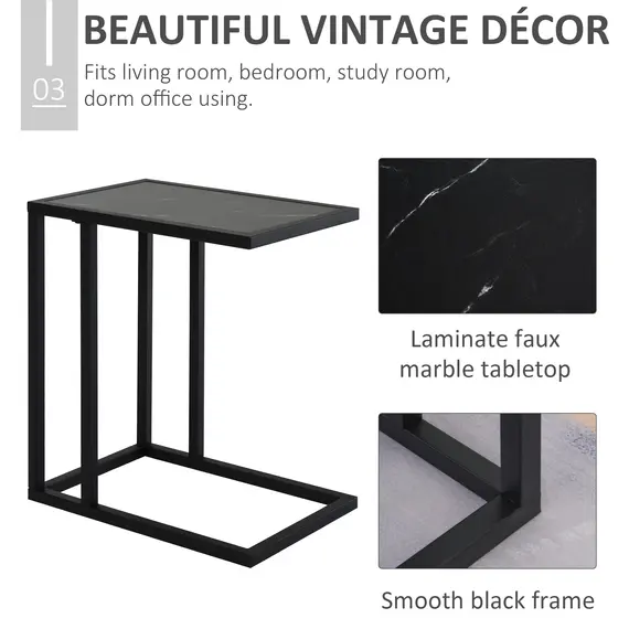 Buy C Shape Bedside Table w/Metal Frame Marble-Effect Top Sofa Narrow Snack End Table for Living Room, Black, 6 image