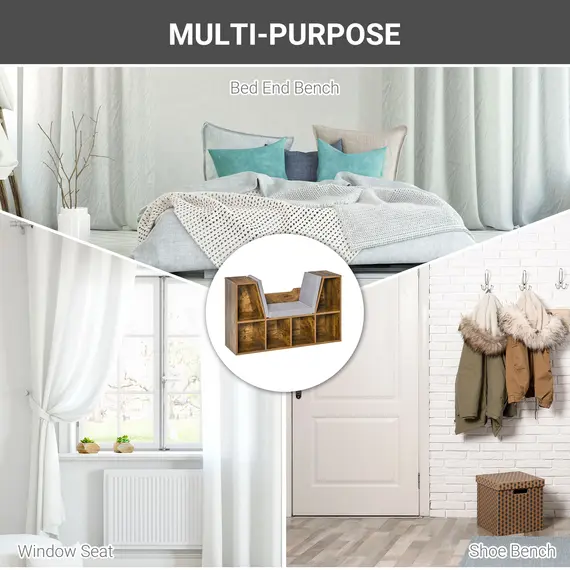 Buy Bookcase Storage Shelf with Cushioned Reading Seat, Cube Bookshelf Organizer for Bedroom Living Room, Rustic Brown, 5 image