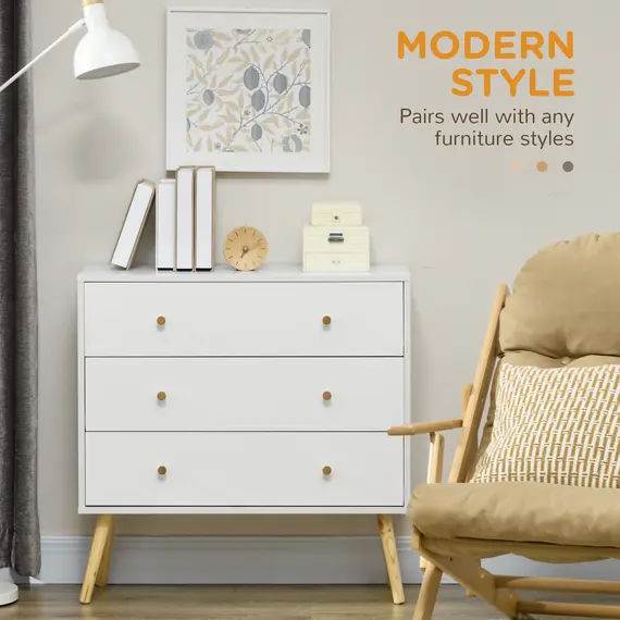 Buy Chest of Drawers, 3-Drawer Storage Organiser Unit with Wood Legs for Bedroom, Living Room, White, 4 image