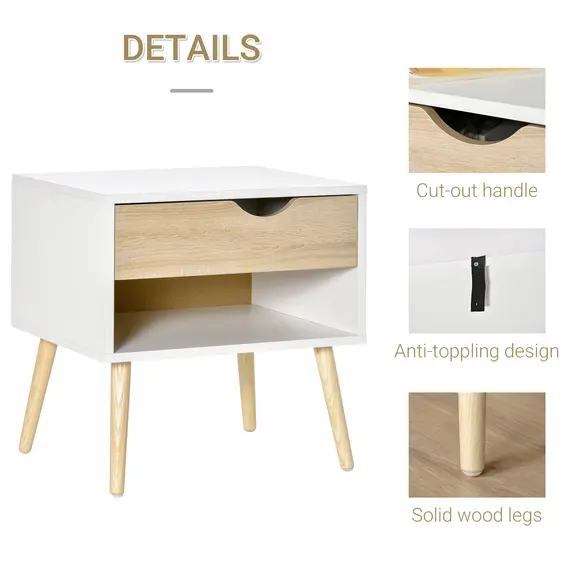 Buy Bedside Table with Drawer and Shelf, Modern Nightstand, End Table for Bedroom, Living Room, White, 5 image