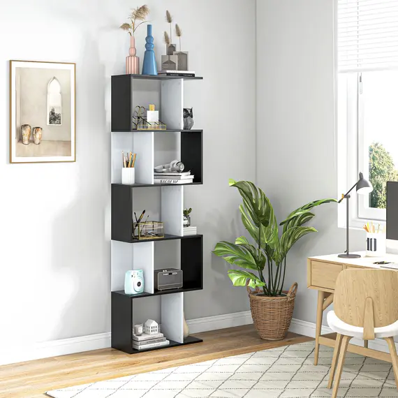 Buy Bookcase, S-Shaped Wooden Bookshelf, 5/6 Tiers Freestanding Storage Shelf, Home Office Decorative Display Stand Rack, Black and White, 24D x 60W x 184.5H, 2 image