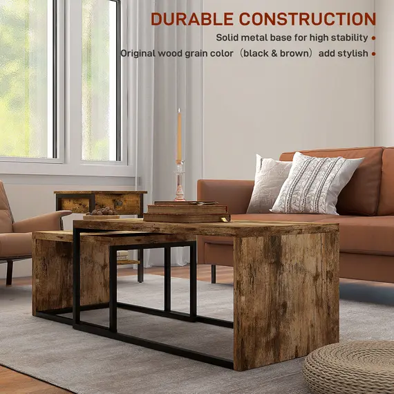 Buy Coffee Tables Set of 2, Industrial Nest of Tables with Metal Frame for Living Room Bedroom, Rustic Brown, 5 image