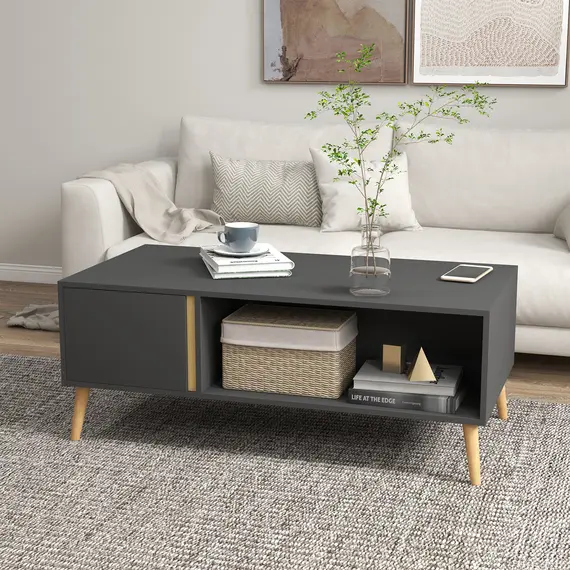 Buy Coffee Table for Living Room, Modern Centre Table with Storage Compartments and Cabinets, Rectangular Side Table, 115x 58x 45cm, Grey, 2 image