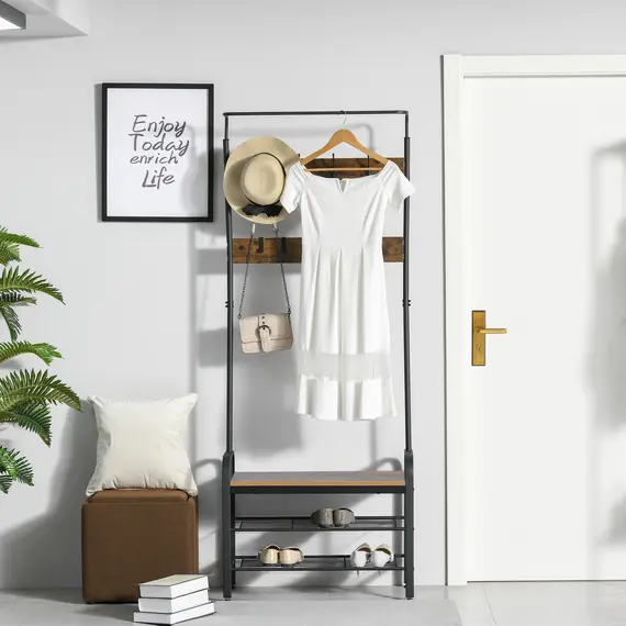 Buy Coat Rack Stand Industrial hallway Shoe Rack Removable Hooks Metal Wood Hangers Storage Cabinet Rustic Brown, 2 image