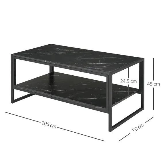 Buy Coffee Table, Two-Tier Marble Centre Table with Metal Frame and Storage Shelf for Living Room, 106 x 50 x 45cm, Black, 3 image