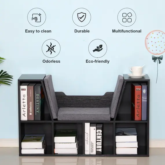 Buy Bookcase Storage Shelf with Cushioned Reading Seat, Cube Bookshelf Organizer for Bedroom Living Room, Black, 6 image