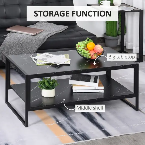 Buy Coffee Table, Two-Tier Marble Centre Table with Metal Frame and Storage Shelf for Living Room, 106 x 50 x 45cm, Black, 4 image