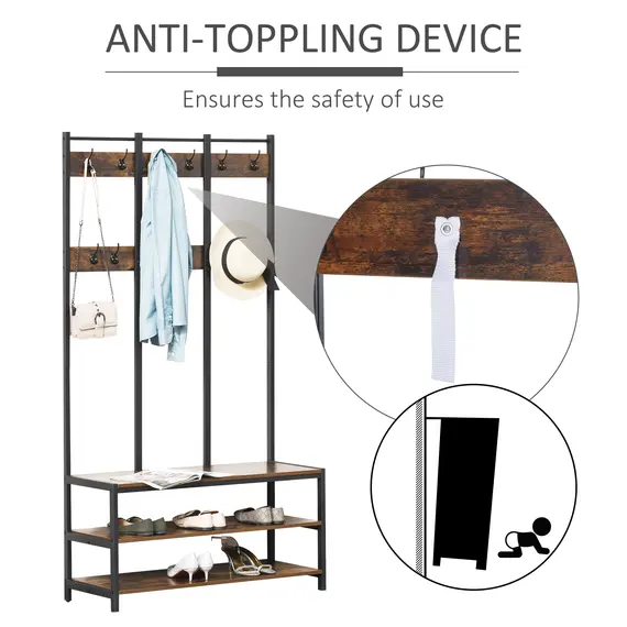 Buy Coat Rack Stand, Free Standing Hall Tree, Coat Stand with Hooks, Bench and Shoe Rack, 100cm x 40cm x 184cm, Industrial Style, Rustic Brown and Black, 4 image