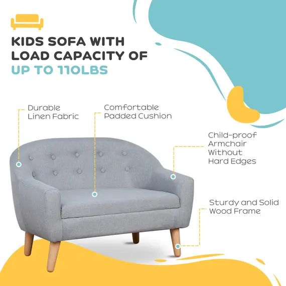 Buy Children's Armchairs Kids Armchair Toddler Chair 2 Seater Wood Frame Mini Sofa for Bedroom Playroom Grey, 6 image