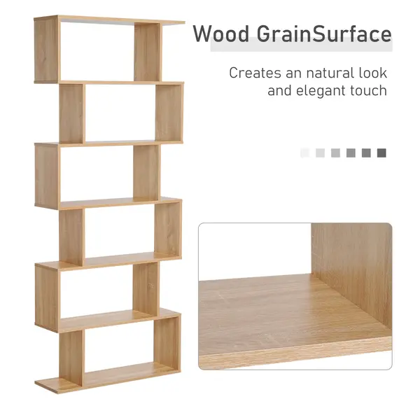 Buy Bookcase, 6 Tier Shelf S Shaped Bookshelf, Storage Unit, Display Shelf for Living Room, Bedroom, Home Office, Plant, Oak, 6 image